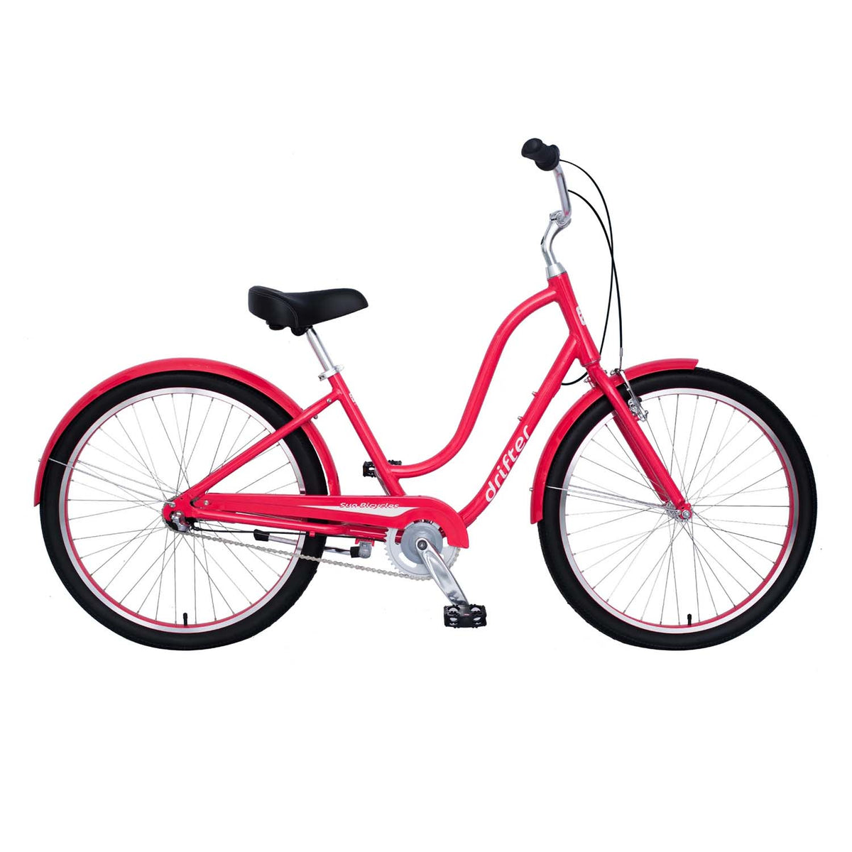 Sun Drifter Cruiser Bike Womens, Low Step 17.5, Coral, 7 Spd Rim Brake – Bixby Bicycles Sun Drifter Cruiser Bike Womens, Low Step 17.5, Coral, 7 Spd Rim Brake – Bixby Bicycles