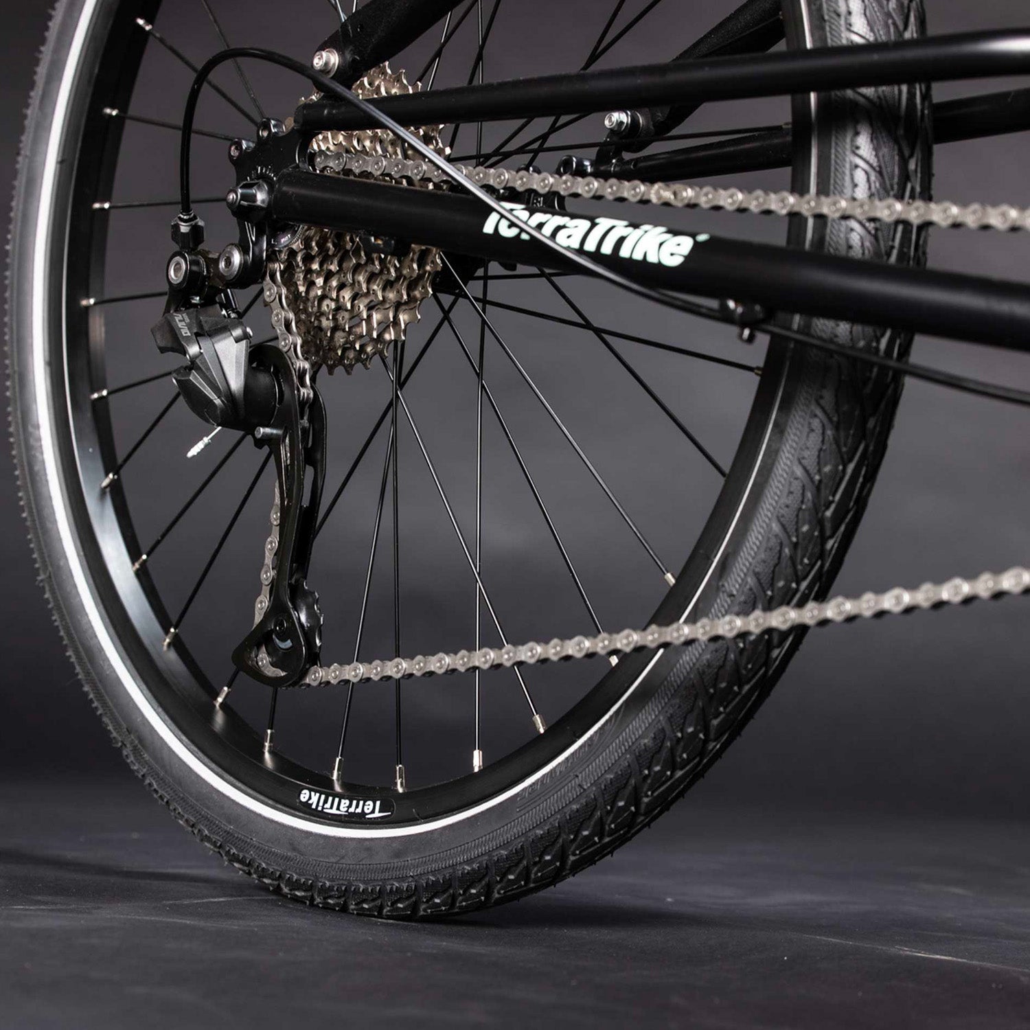 TerraTrike Gran Tourismo X18 2022 close up chain - Midnight color, Bixby Bicycles, Oklahoma