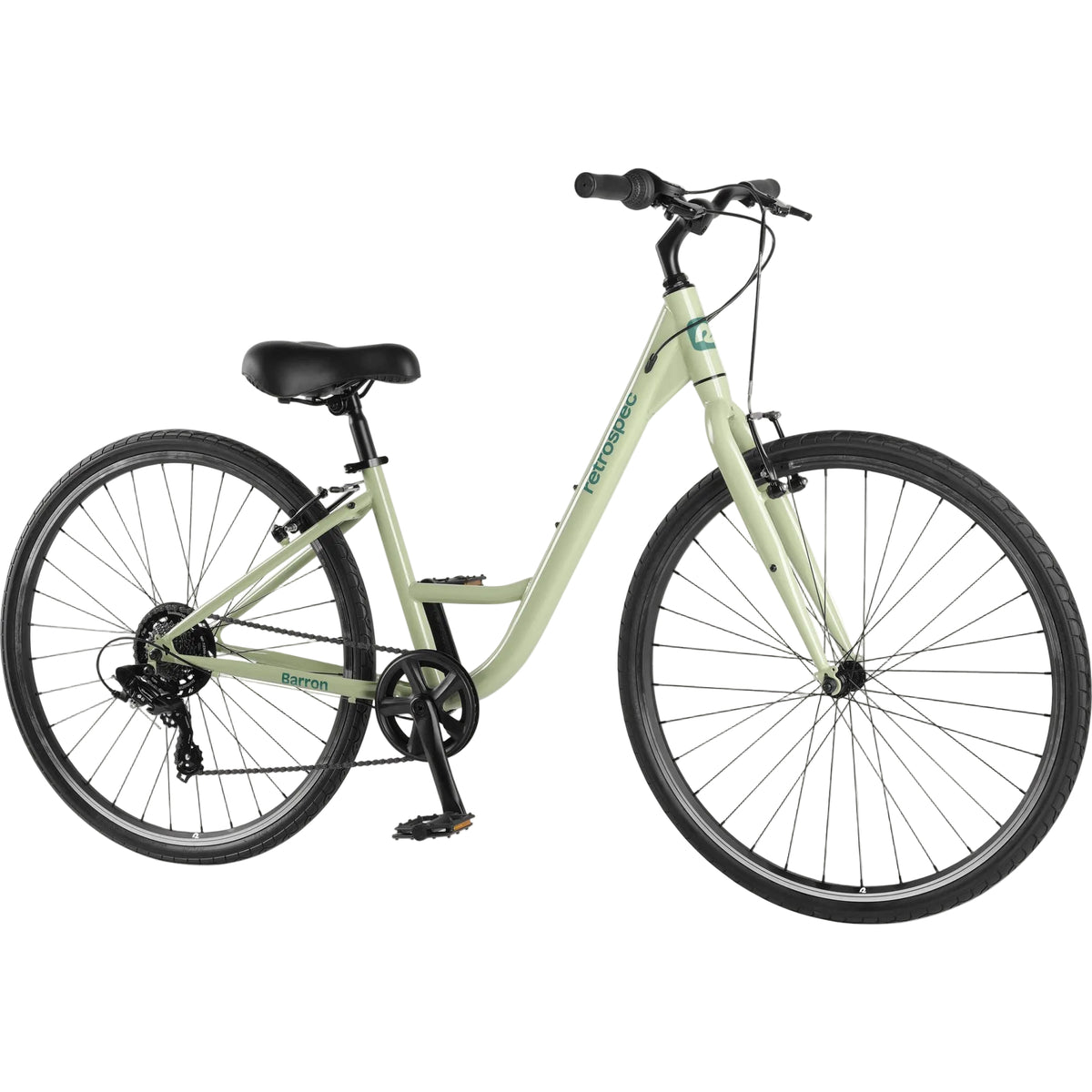 Retrospec Barron, Step Thru, 1 x 7 Speed Hybrid Bike, Aloe, bixbybicycles.com