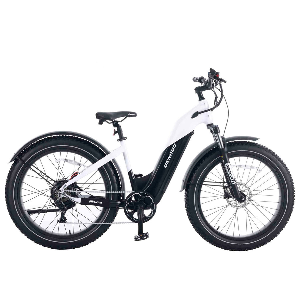 Denago Fat Model 1st eBike > 750 Watt 48V 19.4 AH > Fat Tire > White/Black > Small/Medium, bixbybicycles.com