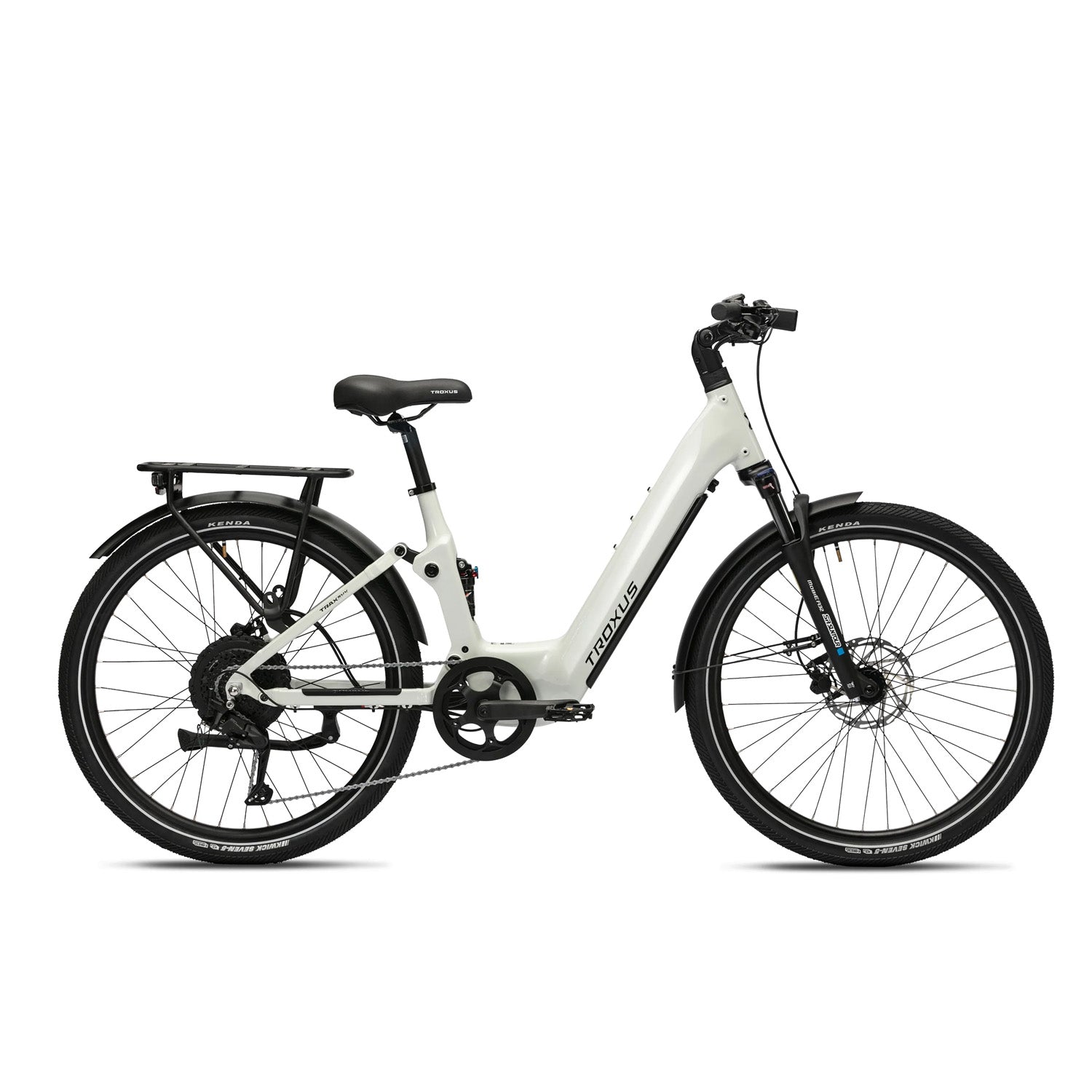 Troxus Trax SUV, Full Suspension 750W E-Bike, Chalk White, bixbybicycles.com