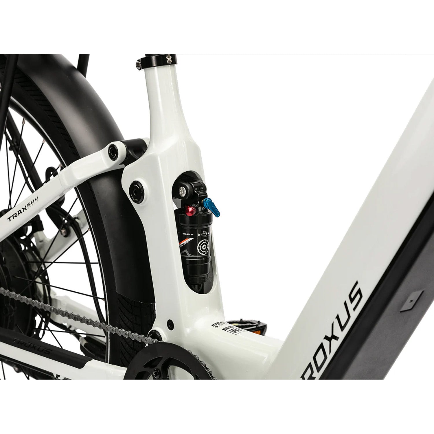 Troxus Trax SUV, Full Suspension 750W E-Bike, Chalk White, bixbybicycles.com